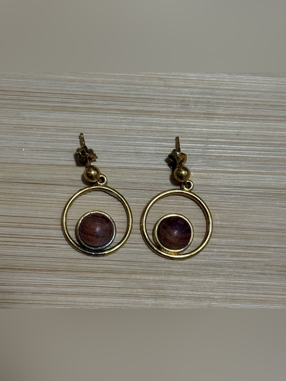 Gold Tone Hoop Drop Earrings with Wooden Center